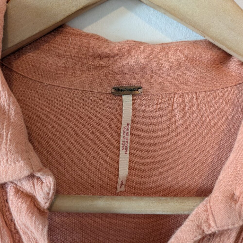 Free People "Katie Bird" Peach Pink Crochet Trim Button-Down Top - Picture 3 of 15